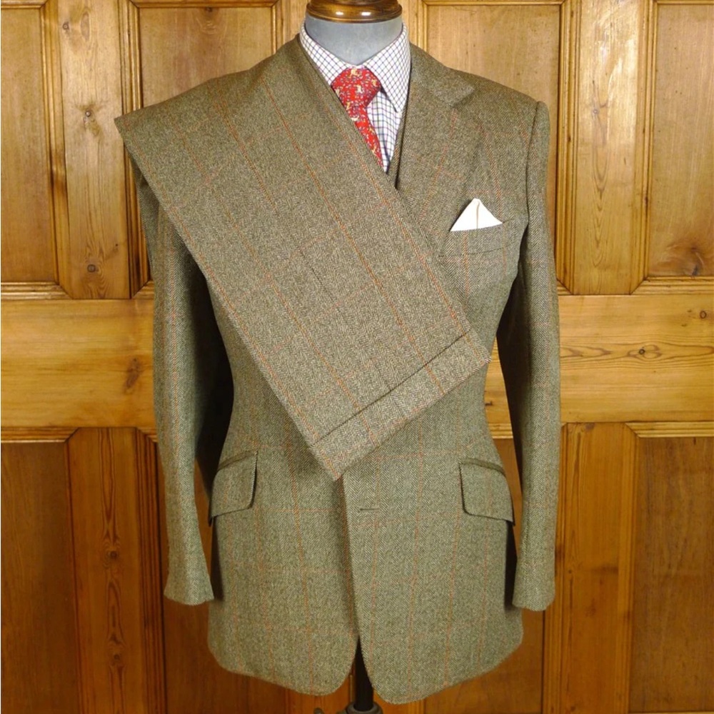 Henry Poole & Co. Bespoke 3-Piece Green/Ambler Windowpane Tweed Suit - SavileRow